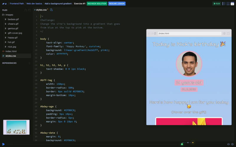 Screenshot from Scrimba, with code to the centre, file system to left, and output in a modal to the right of the screen