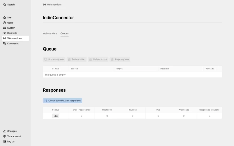 Screenshot showing updated indieconnector mentions and responses queues